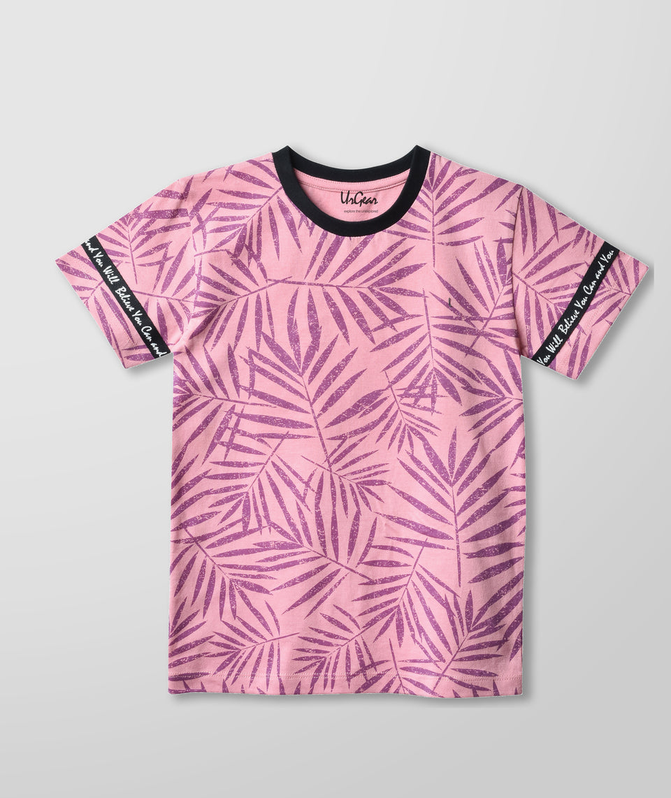 boys pink leaf printed round neck t-shirt