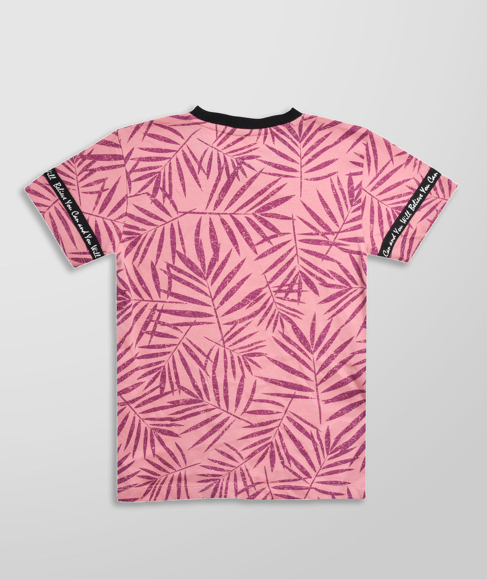 boys pink leaf printed round neck t-shirt