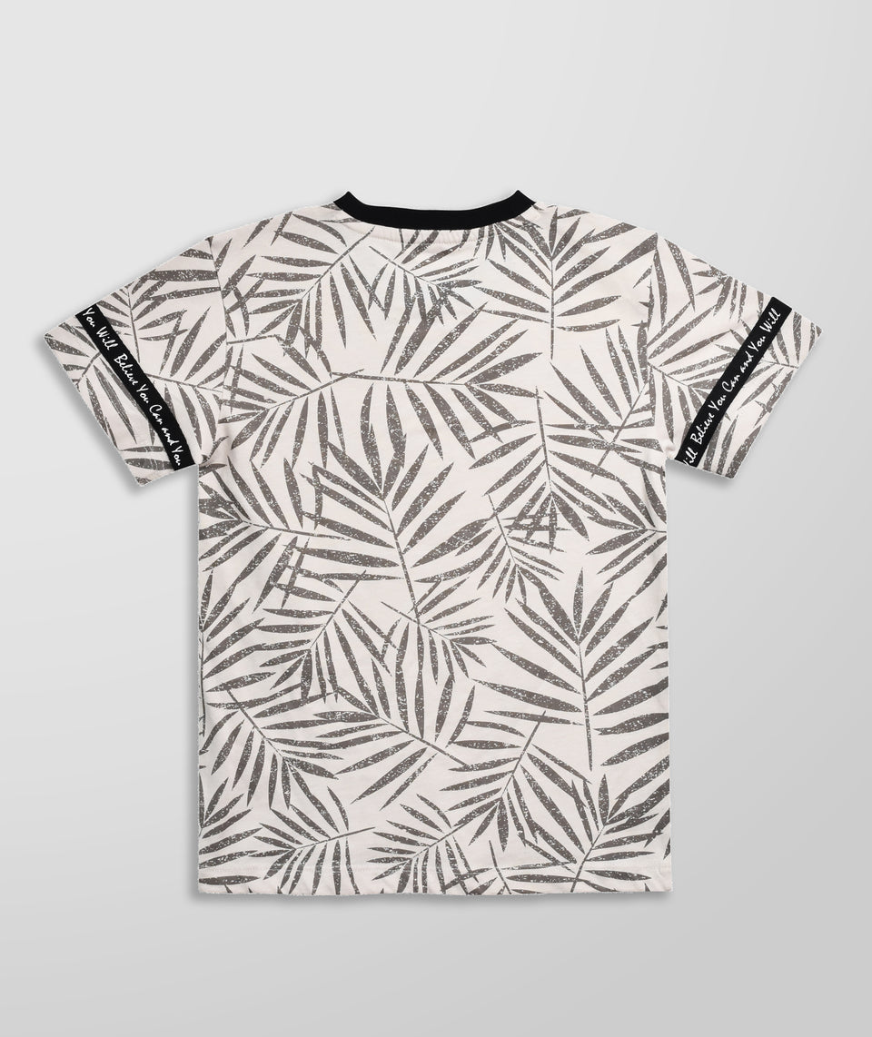 boys grey leaf  printed round neck t-shirt
