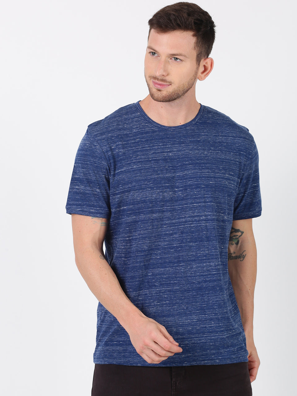Men Blue White Injected Round Neck Recycled Cotton Half Sleeve Regular Fit Casual T-Shirt