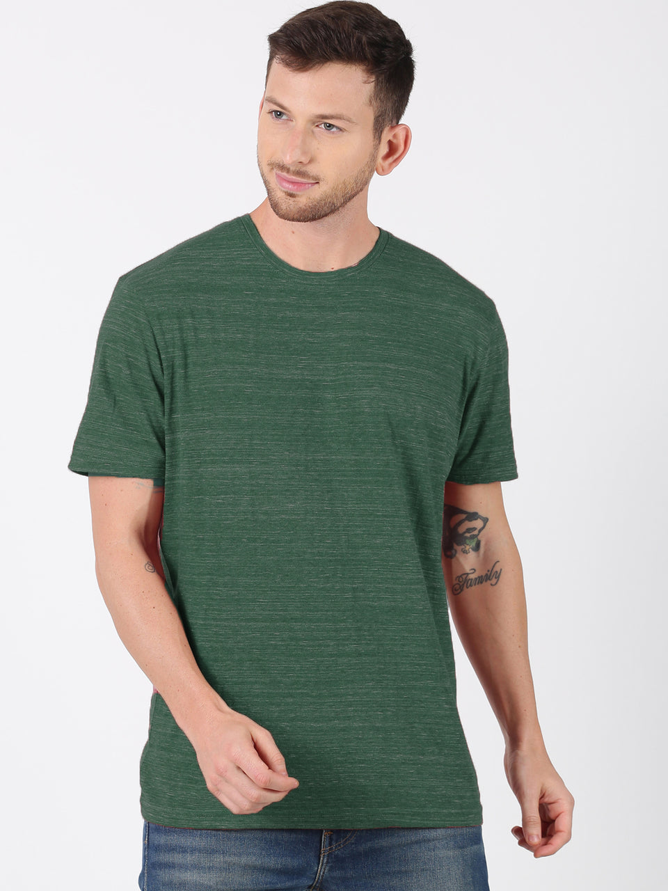 Men Green White Injected Melange Round Neck Organic Pure Cotton Half Sleeve Regular Fit Casual T-Shirt