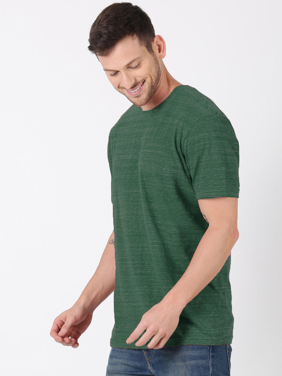 Men Green White Injected Melange Round Neck Organic Pure Cotton Half Sleeve Regular Fit Casual T-Shirt