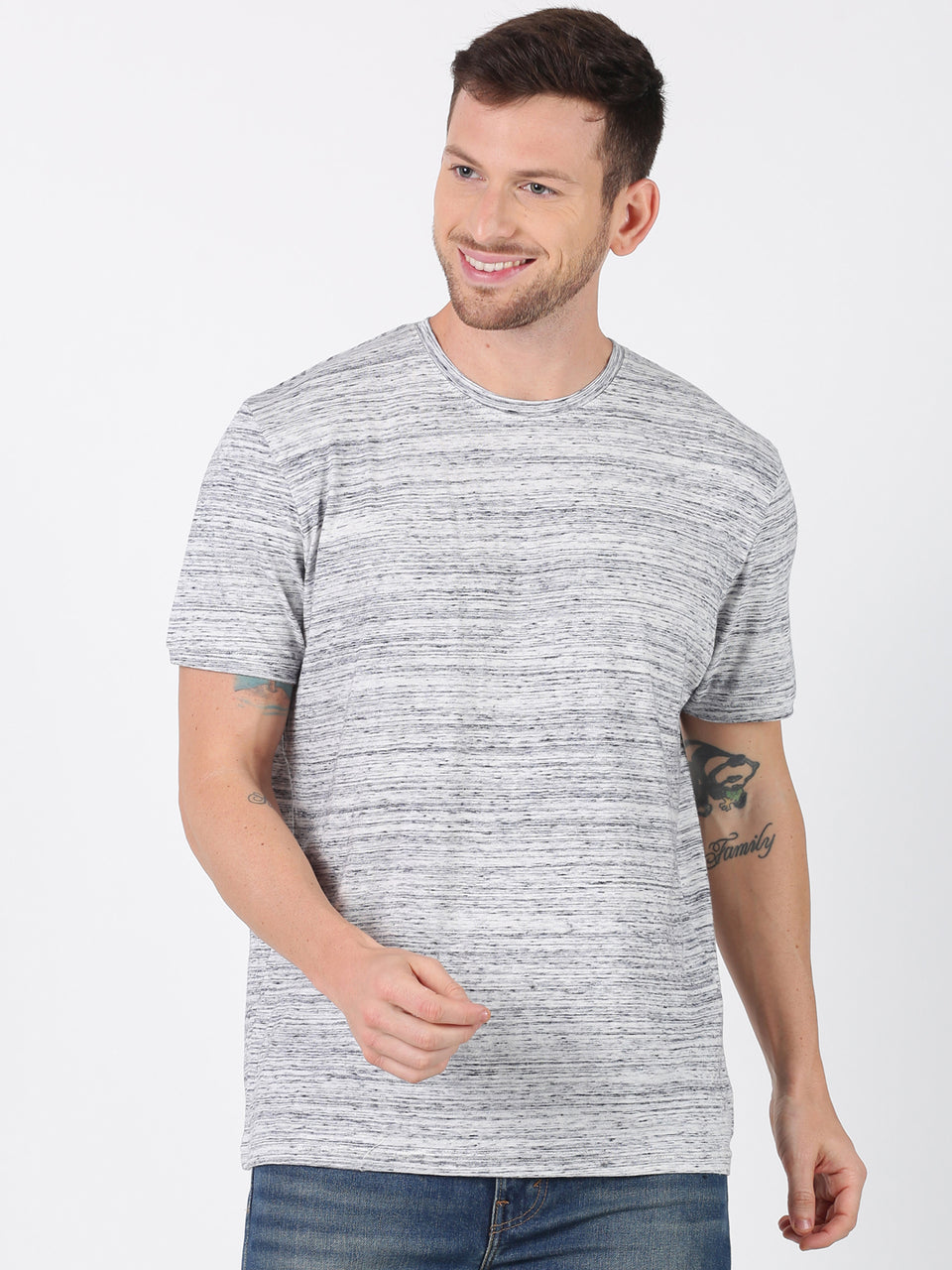 Men Black Off White Injected Round Neck Organic Pure Cotton Half Sleeve Regular Fit Casual T-Shirt