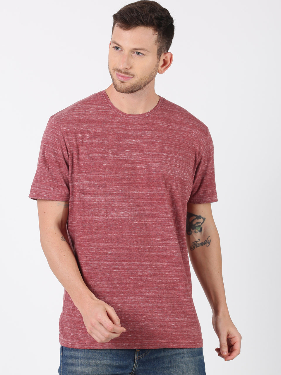 Men Maroon Grey Injected Round Neck Recycled Cotton Half Sleeve Regular Fit Casual T-Shirt