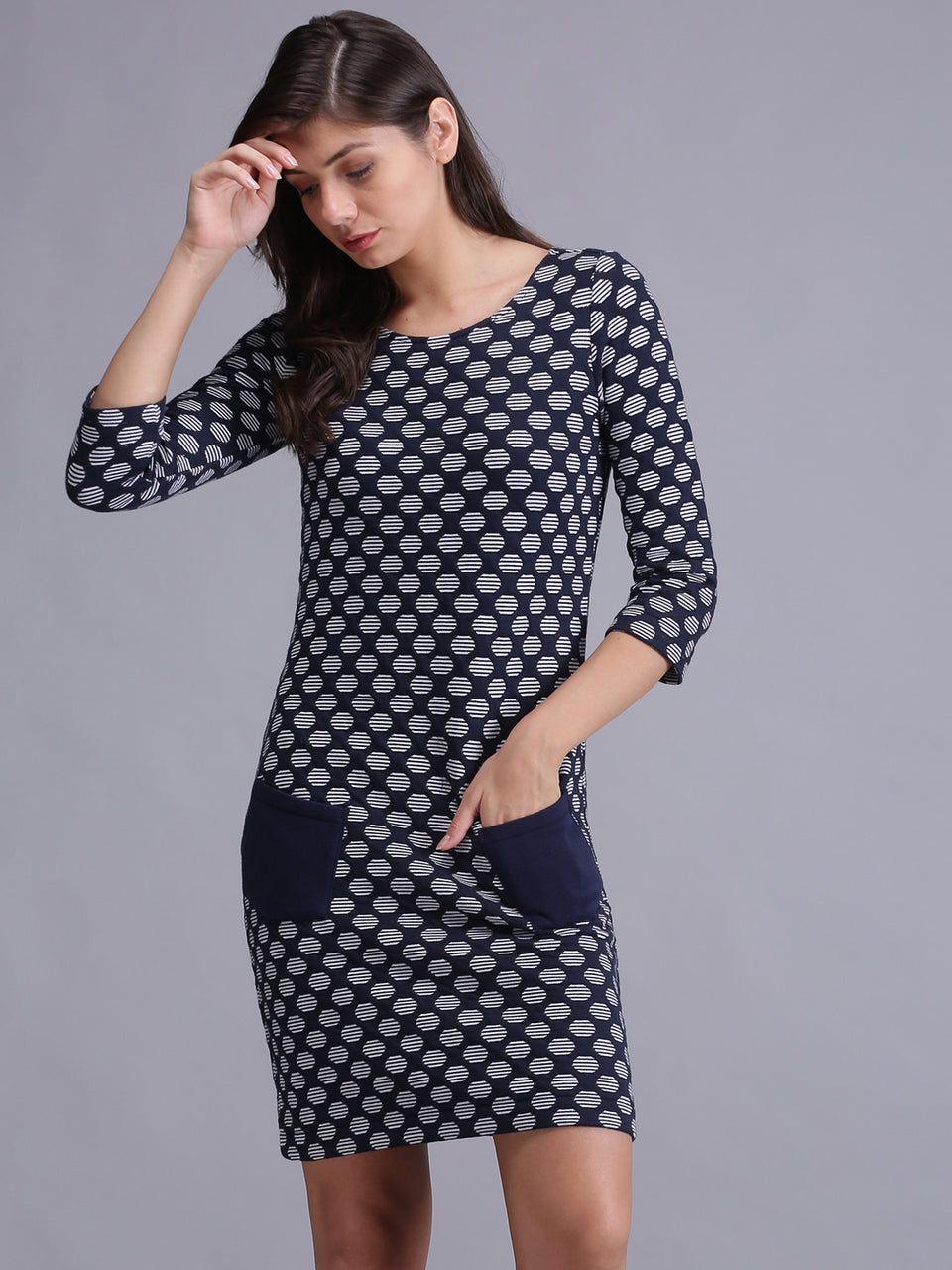 women blue printed a line dress with pockets