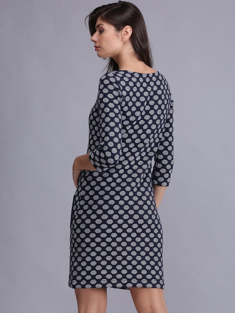 women blue printed a line dress with pockets