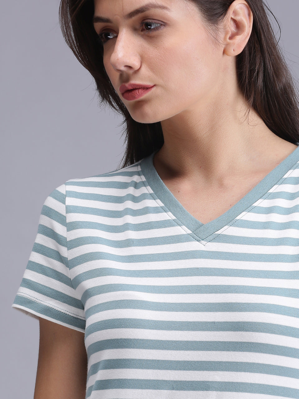 women olive green striped v-neck t-shirt