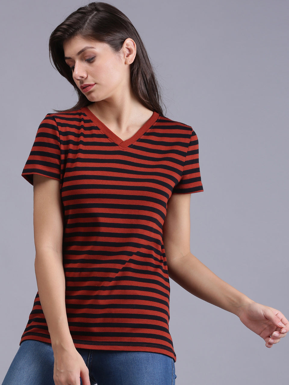 women red striped half sleeve  v-neck t-shirt