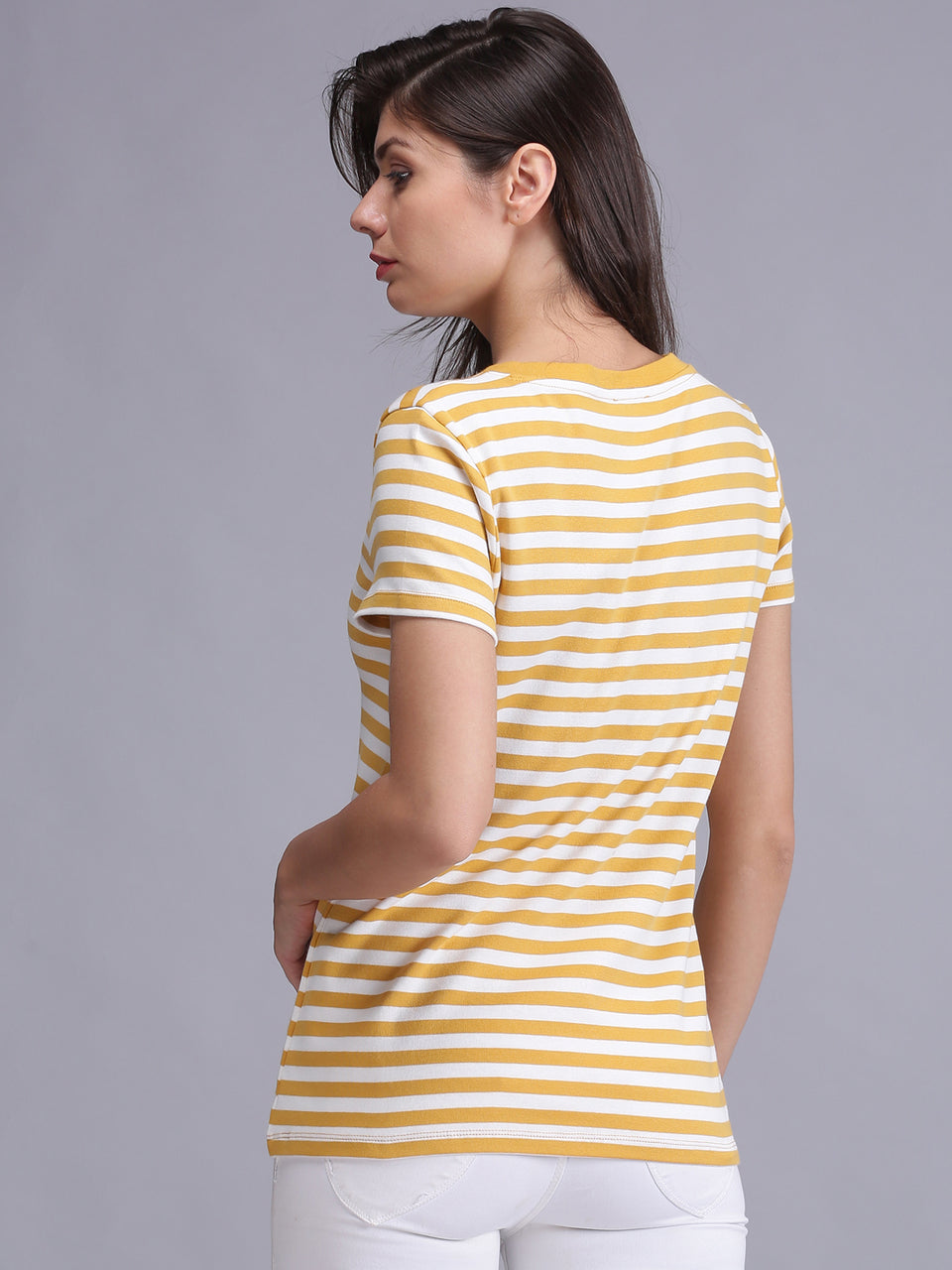 women yellow striped crew neck t-shirt