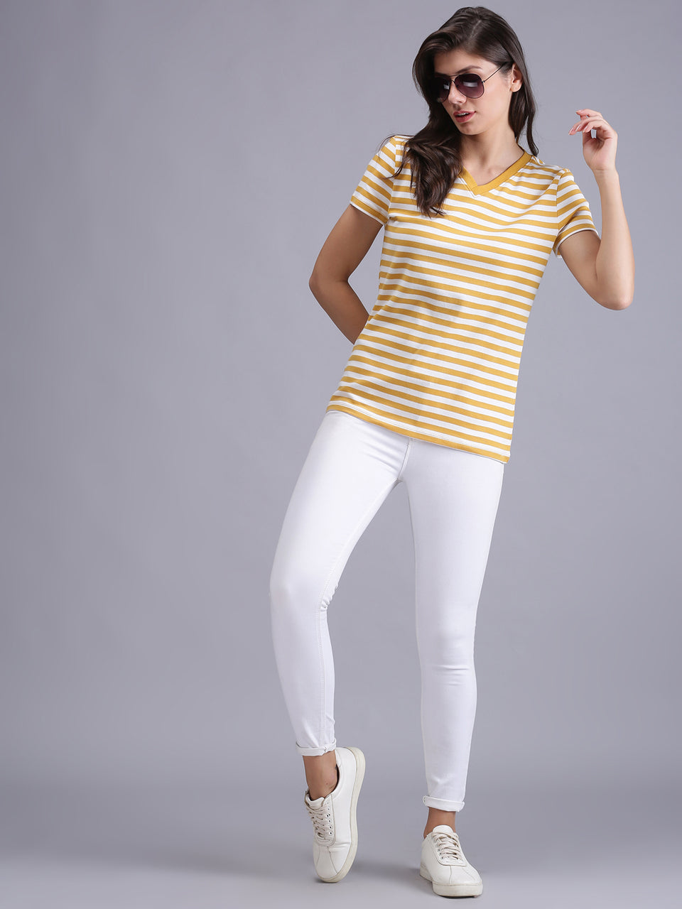 women yellow striped crew neck t-shirt