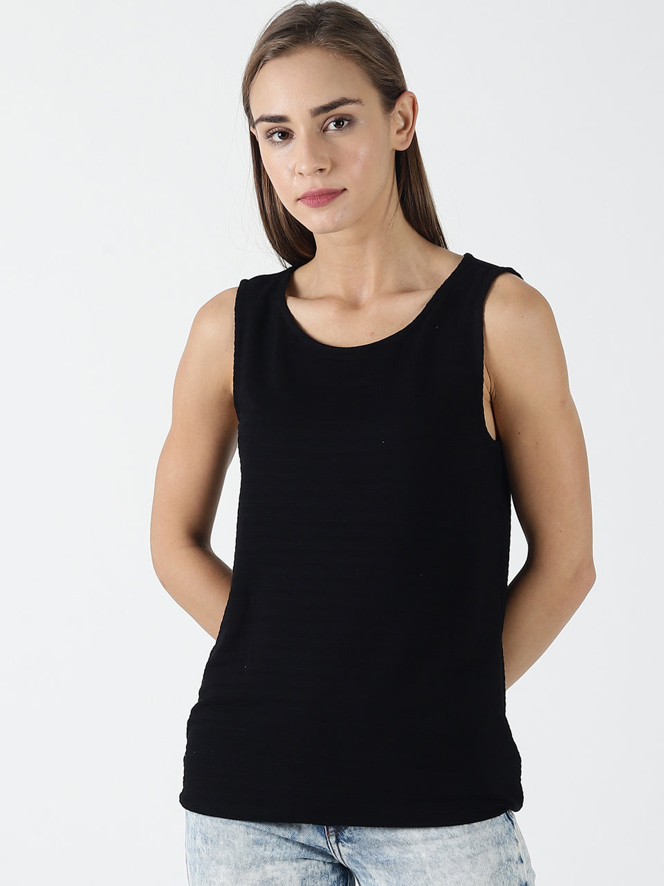 women solid black sleeveless tank tops 